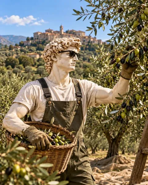 David harvesting olives below a Molise village