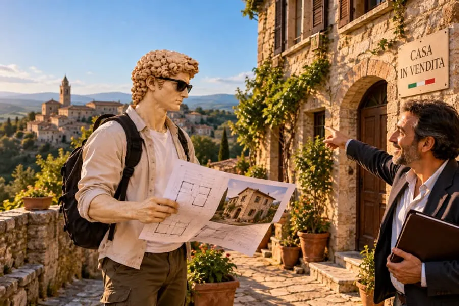 David with house plans while an estate agent shows him a stone house for sale in a Molise village