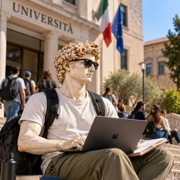 David studying with a laptop on the steps of the Università